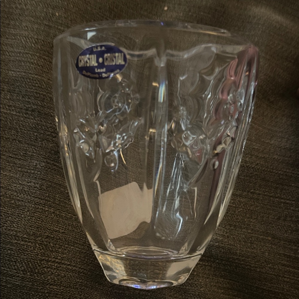 DePlomb Lead Crystal Clear Glass Holly Berry Vase Votive Candle Holder